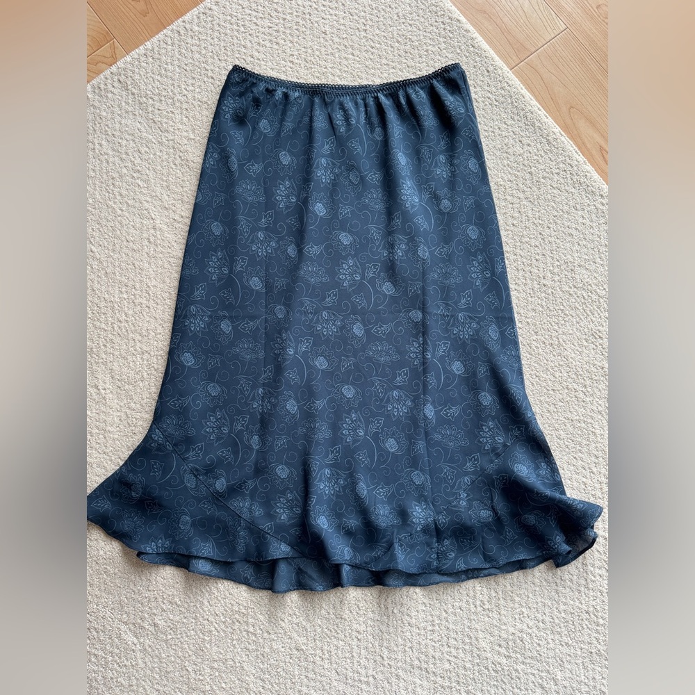 Vintage Y2K Navy Blue Paisley Floral Ruffled Hem Skirt Size M Whimsical - Picture 1 of 12
